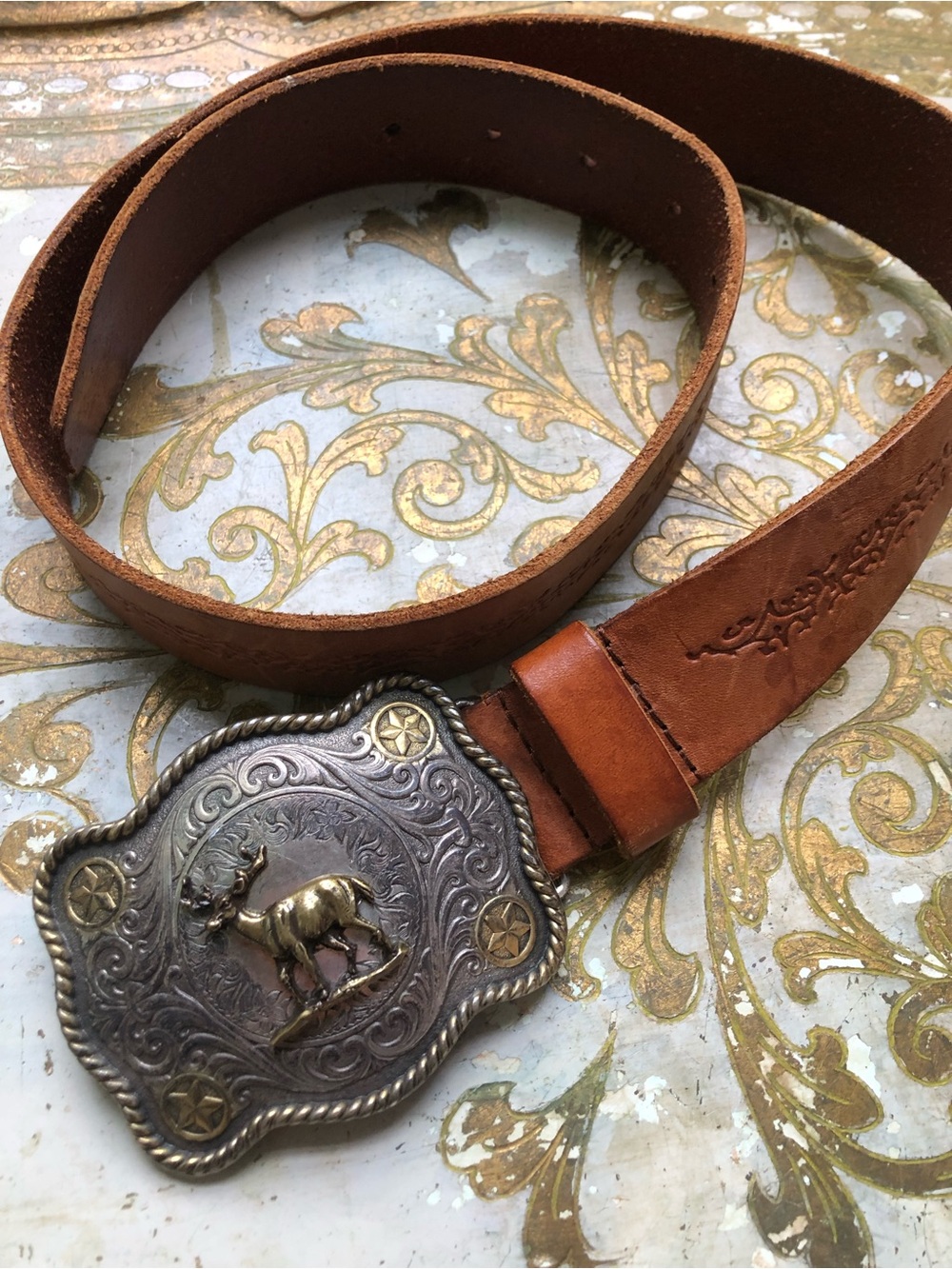 Vintage Brown Leather Belt with Elk Buckle